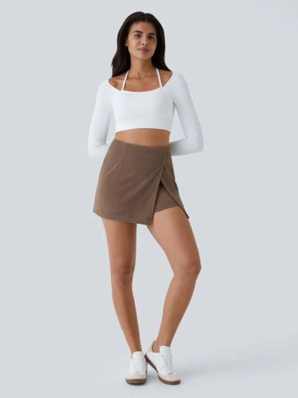 High Waisted Back Zipper Split Hem 2-in-1 Corduroy Casual Skirt Size Large